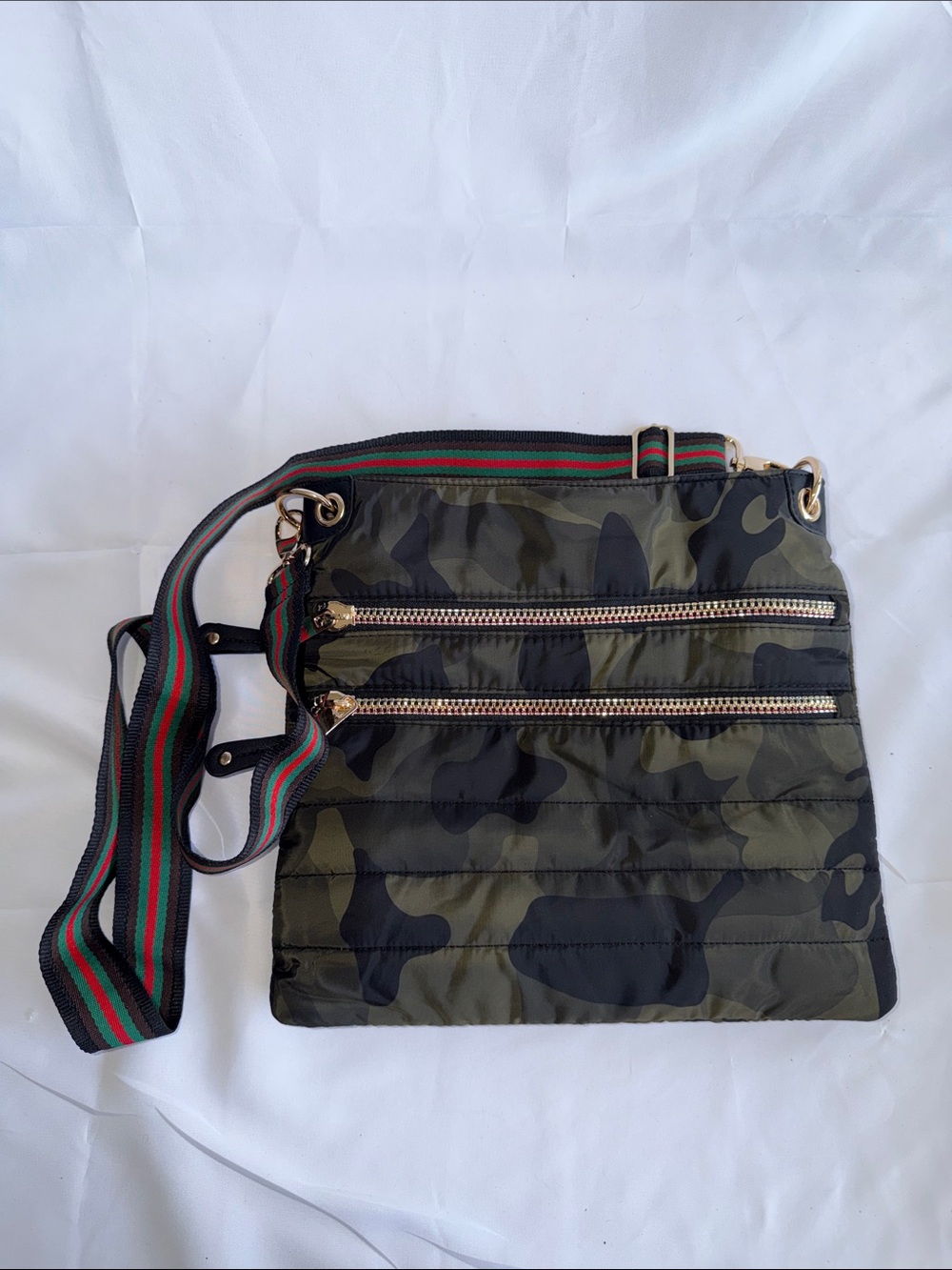 Sondra Roberts Olive Camo Quilted Crossbody with Striped Strap